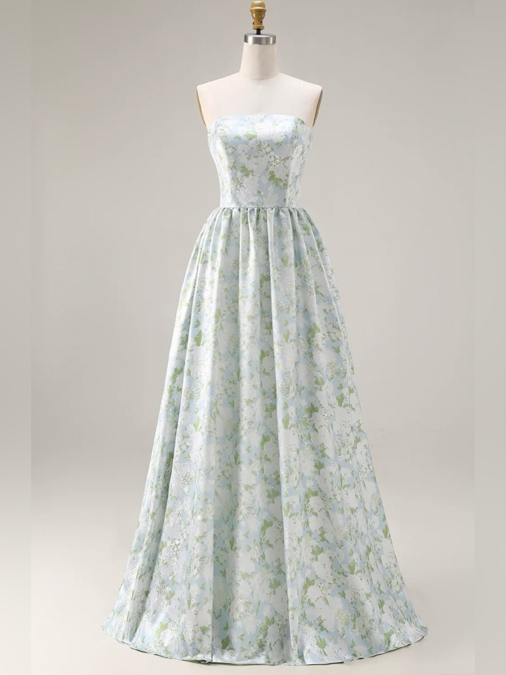 Wedtrend Blue Strapless A-Line Floral Long Satin Dress with Pockets, 10 NWT